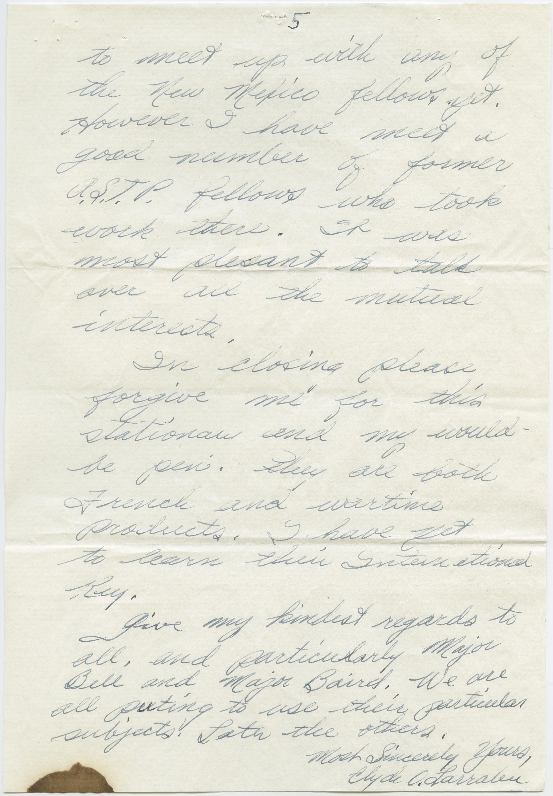 Letter from Pfc. Clyde O. Larrabee to Dean Daniel B. Jett